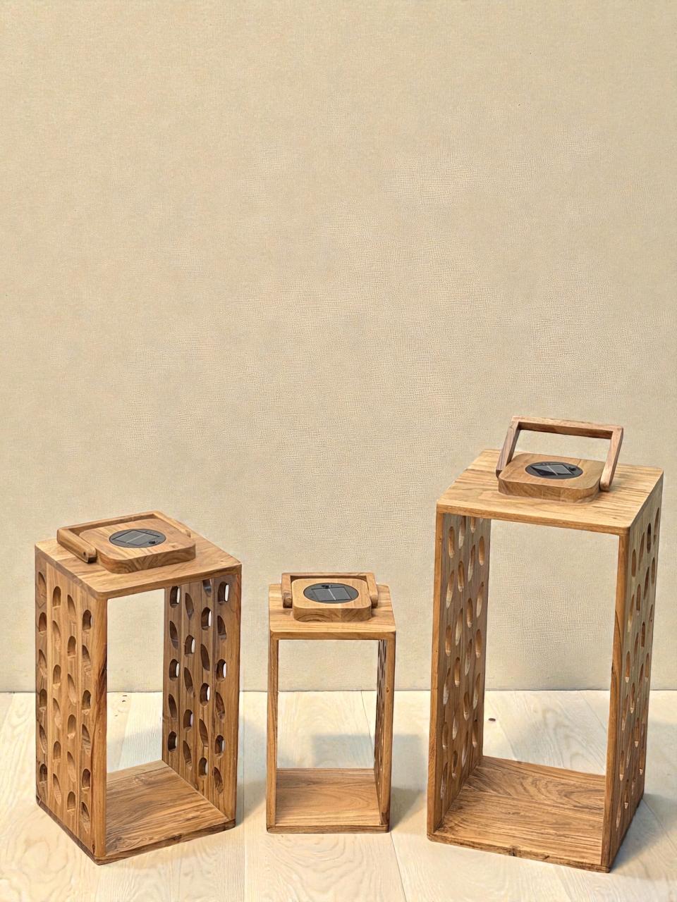 Set of 3 Handcrafted Leaf Cut – Acacia Wood Solar Lantern