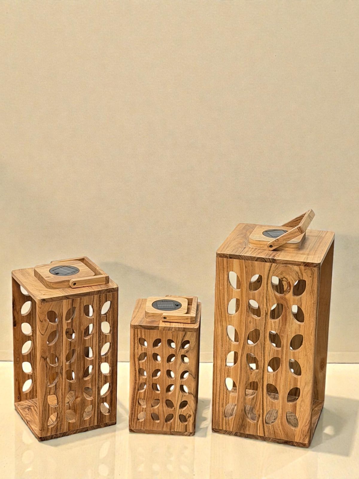 Set of 3 Handcrafted Leaf Cut – Acacia Wood Solar Lantern