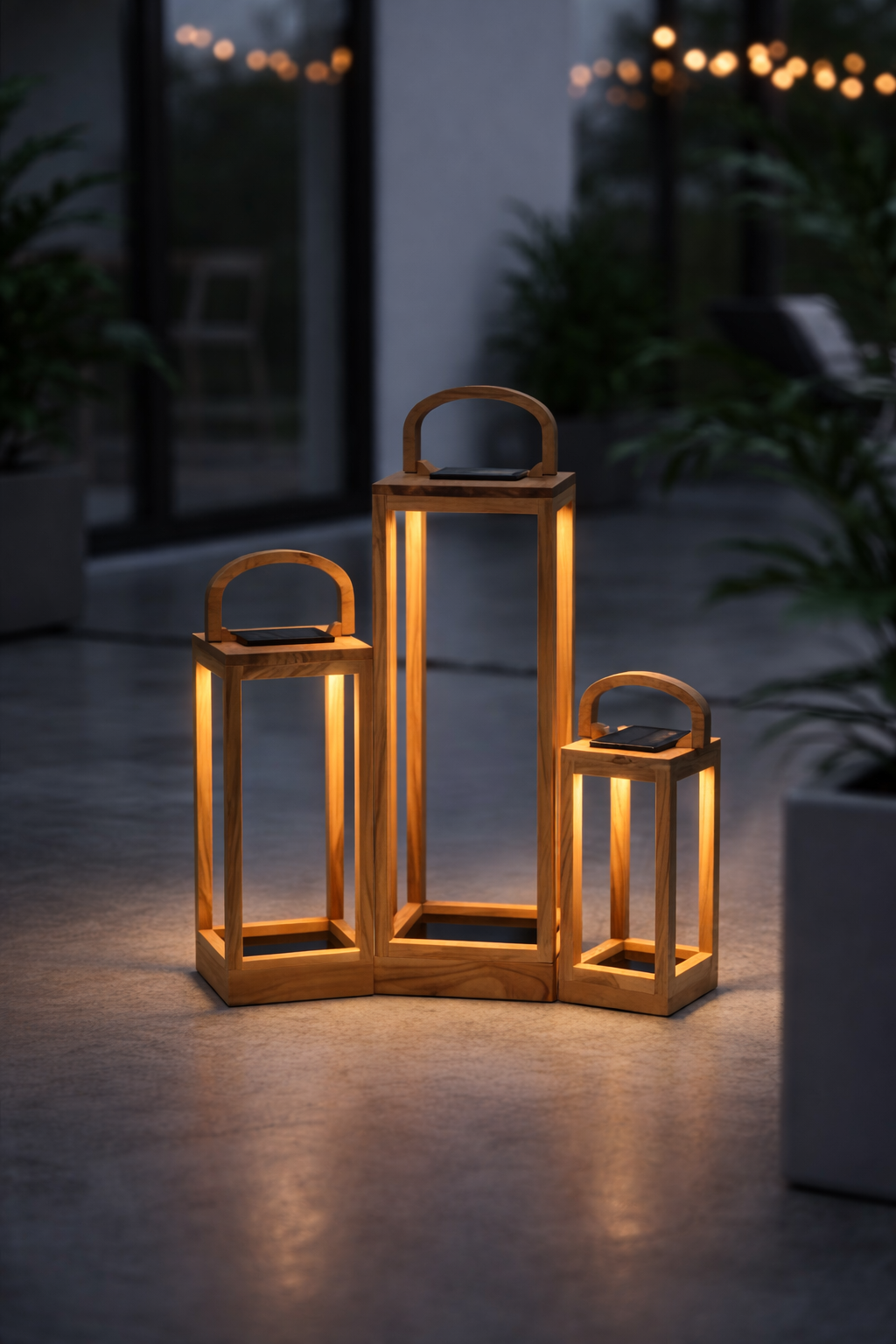 Set of 3 Handcrafted Solar Lanterns – Pure Wood Elegance