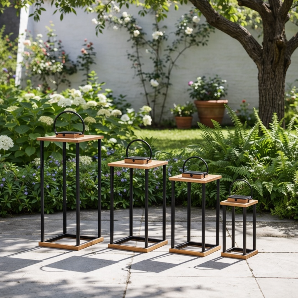 Set of Solar Lanterns – Black Iron Frame with Wood Top