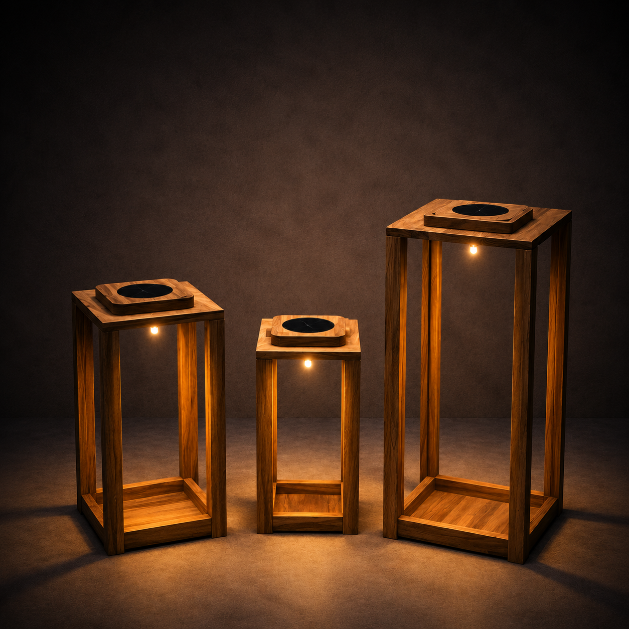 Open Frame Acacia Wood Lantern with Solar Light