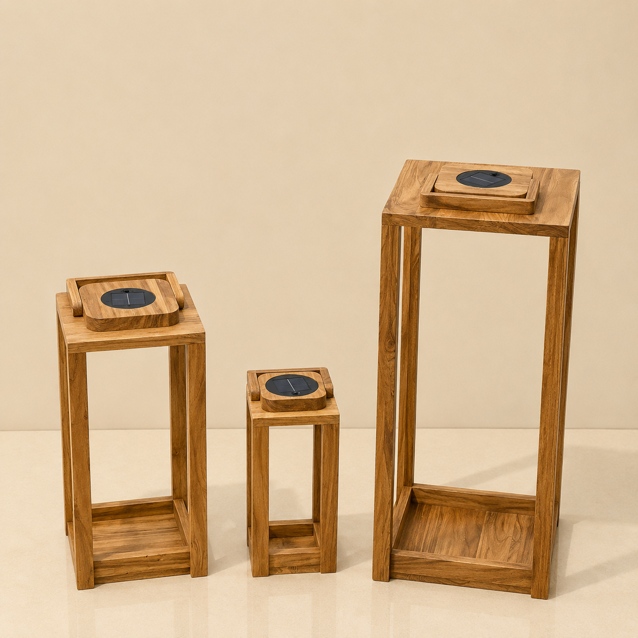 Open Frame Acacia Wood Lantern with Solar Light
