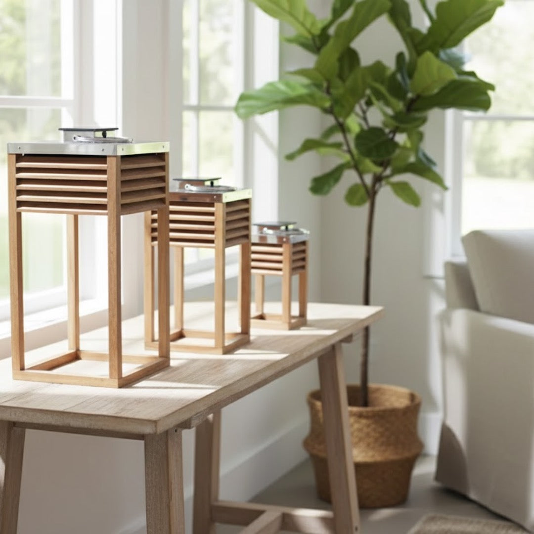 Set of 3 Solar Lanterns – Wood & Steel Fusion
