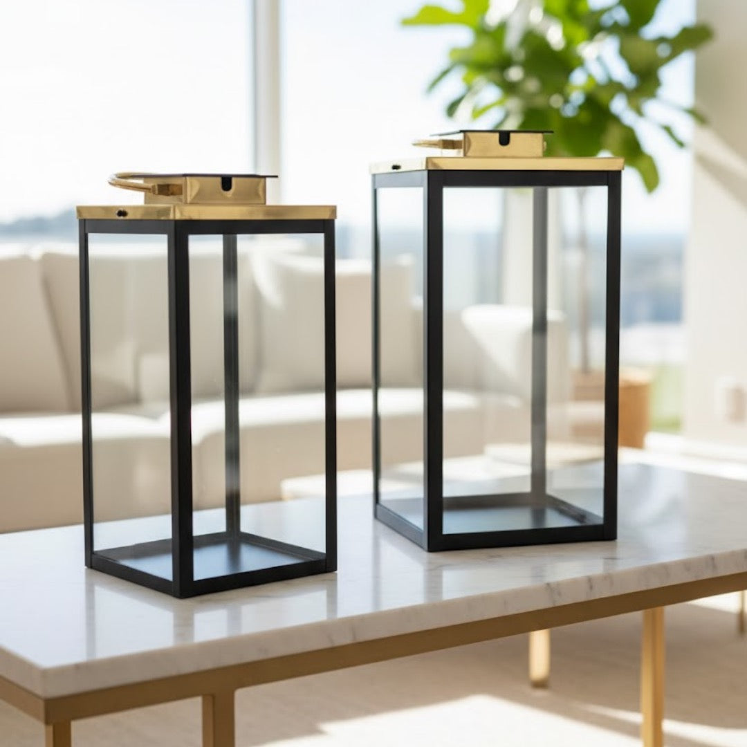 Set of 2 Solar Lanterns – Gold & Black Iron Elegance