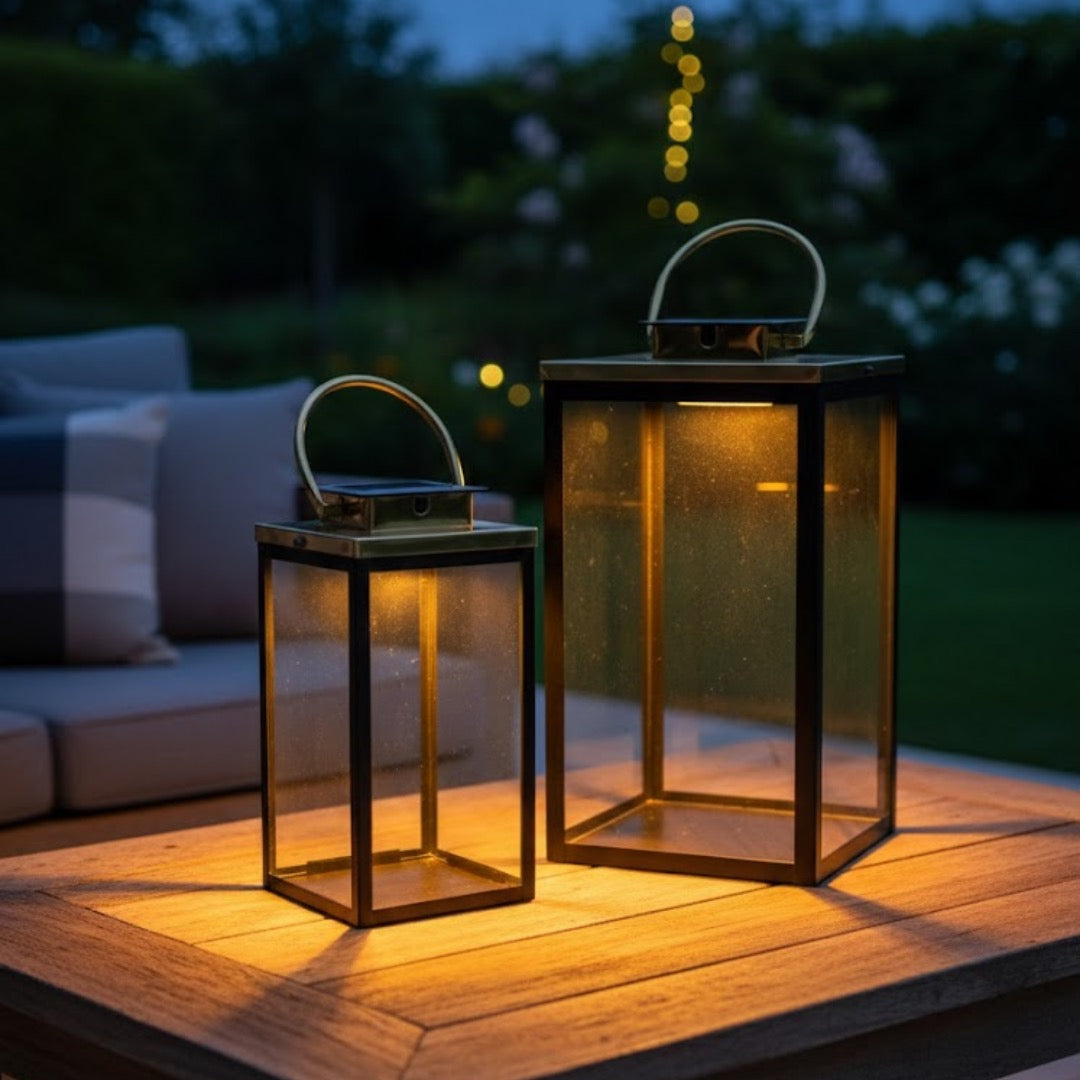 Set of 2 Solar Lanterns – Gold & Black Iron Elegance