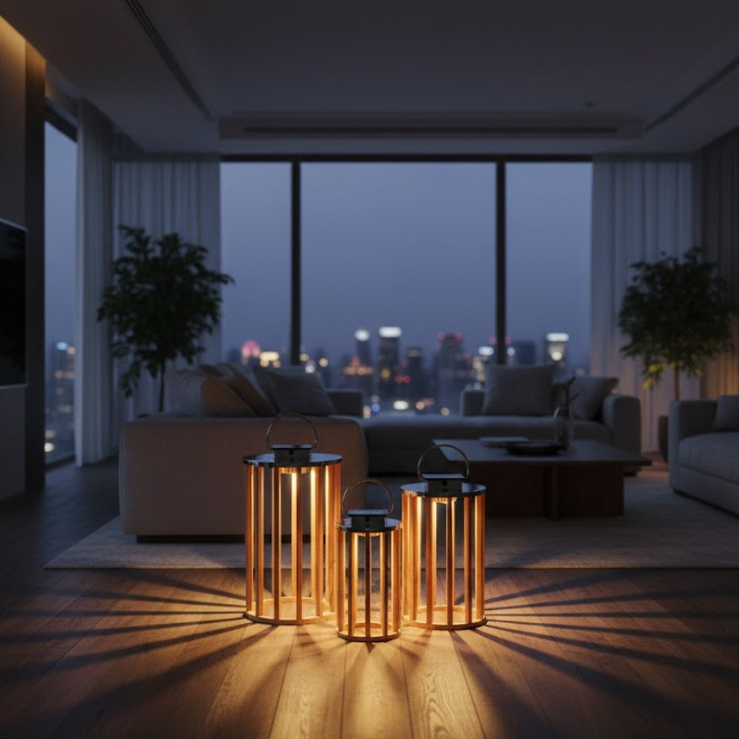 Wood & Steel Harmony - Round Solar Lanterns