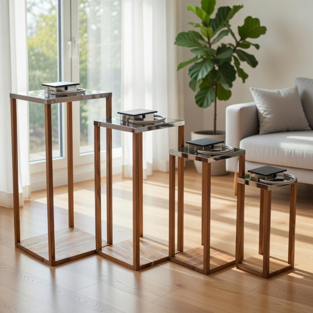 Set of 4 Solar Lanterns – Wood Frame with Steel Top