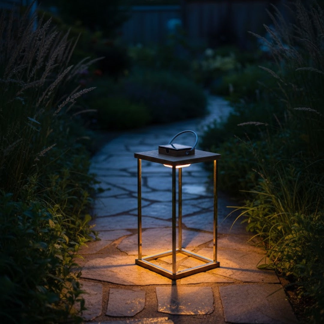 Set of Solar Lanterns – Black Iron Frame with Wood Top