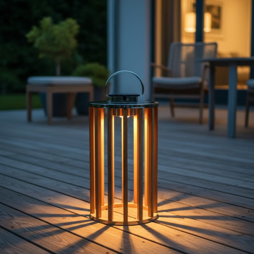 Set of 3 Round Solar Lanterns – Wood & Steel Harmony