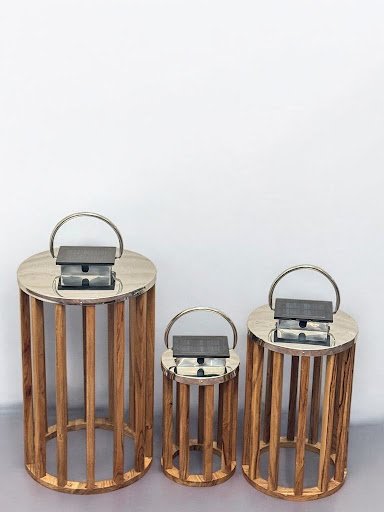 Set of 3 Round Solar Lanterns – Wood & Steel Harmony