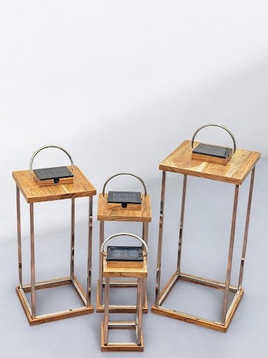 Set of 4 Solar Lanterns – Steel Frame with Wood Top Elegance