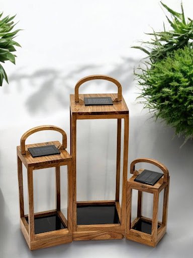 Set of 3 Handcrafted Solar Lanterns – Pure Wood Elegance