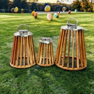 Set of 3 Round Solar Lanterns –acacia  Wood & Steel