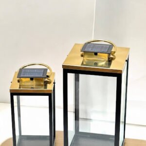 Set of 2 Solar Lanterns – Gold & Black Iron Elegance