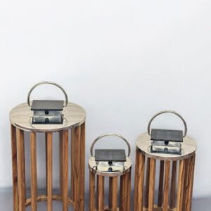 Set of 3 Round Solar Lanterns – Wood & Steel Harmony