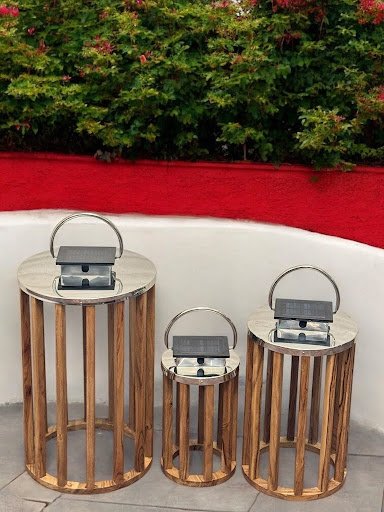 Set of 3 Round Solar Lanterns – Wood & Steel Harmony - Image 2