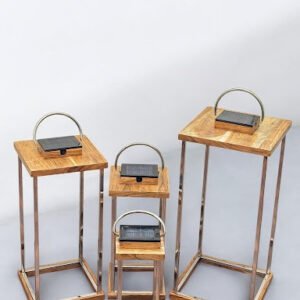 Set of 4 Solar Lanterns – Steel Frame with Wood Top Elegance