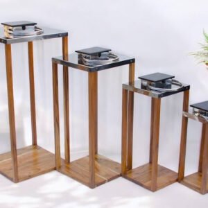 Set of 4 Solar Lanterns – Wood Frame with Steel Top