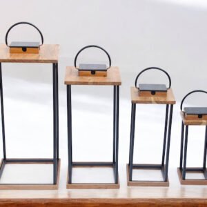 Set of Solar Lanterns – Black Iron Frame with Wood Top
