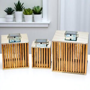 Set of 3 Luxury Rectangle Solar Lanterns – Wood & Steel Elegance